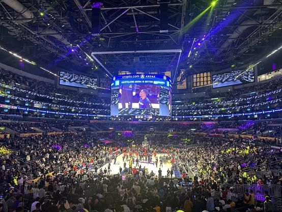 A photo during warmups of the 2024-2025 Lakers City Edition court filled with players warming up from the Lakers and Trailblazers