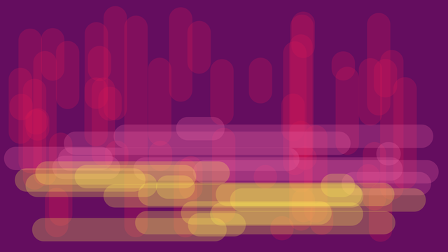 Red, pink, and yellow transparent, thick, horizontal and vertical lines overlapping one another on a purple ground.