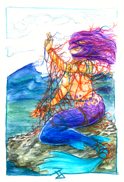 Watercolor pencil drawing of a mairmaid, standing on a rock in open water. She's entangled in colored threads, most probably coming from broken nets.