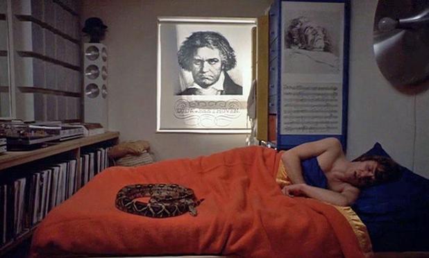 A picture of Malcolm McDowell as Alex DeLarge in the 1971 British dystopian satire “A Clockwork Orange”. He’s asleep and shirtless in a bed with orange blankets and a blue pillow. His pet red-tailed boa constrictor is curled up on top of the blanket. A large poster of a drawing of Ludwig Van Beethoven is on the wall next to his large collection of vinyl records. 