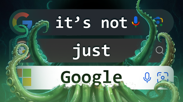 thumbnail with three search engine input fields, with green spooky AI tentacles wrapping around them. the fields read "it's not, just, Google"