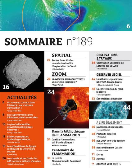 Le sommaire du numéro de janvier 2025 du magazine l'Astronomie. On peut y voir en haut une partie d'une représentation de Laniakea, notre superamas de galxies. Dans la rubrique Actualités, un papier de Suzy Collin-Zahn, titré Un nouveau concept dans l'Univers: les "bassins d'attraction". Parmi de nombreux autres articles, on retrouve Ryugu, Solar Parker Probe, ou bien la nébuleuse planétaire NGC 1501 dans la Girafe.