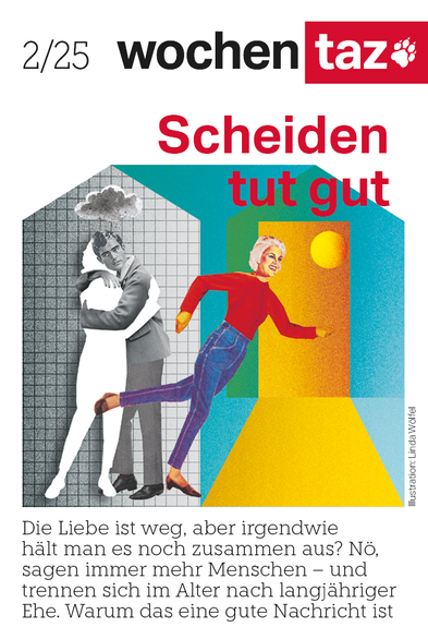  Illustration: Ein Mann im Anzug umarmt den leeren Scherenschnitt einer Frau mit einer grauen Wolke über dem Kopf. Eine Frau in bunter Kleidung läuft der Sonne entgegen. Text: Scheiden tut gut
