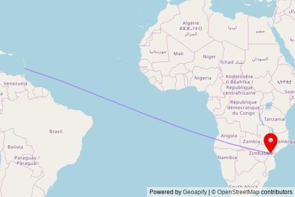 A map showing the great circle route from Ribishi in Saint Vincent and The Grenadines to a map pin at Igreja Good News, Rua de casa, Cidade de Chimoio, Mozambique