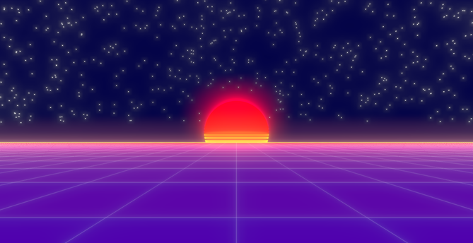 A classic "synthwave sunset" with a flat wireframe horizon and a segmented burning setting Sun in the middle.