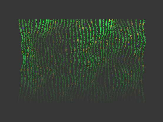 42 vertical lines of matrix-style code characters, mostly green shades but some yellow/orange

distorted "bubbly" surface is done by perlin noise 