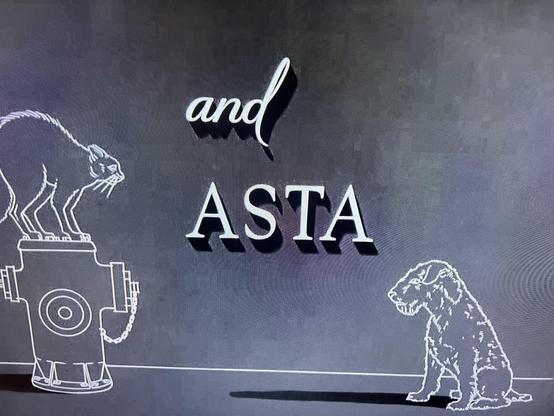 Image features the words "and ASTA" with a cat sitting on a fire hydrant to the left and a dog (Asta) sitting on the right, depicted in a simple, sketch-like style on a dark background.