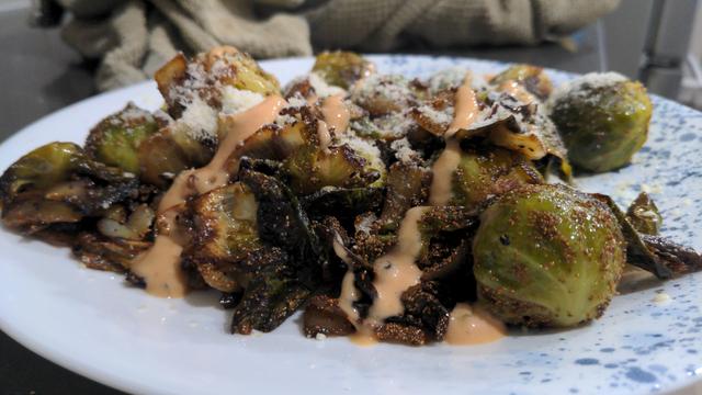 Brus sprouts dish, starring butter, sweet onion, African Teff, parm cheese, and Magnifisauce from TJ's.

Cool, man. And good. Yum. And nice.