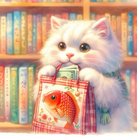 ふわふわの白猫が、本屋でポチ袋を持って絵本を選んでいる。 