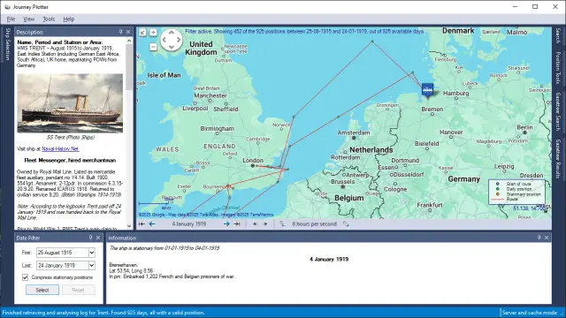 Screenshot of Journey Plotter, showing part of the journey of HMS Trent and the events recorded in the log-book for 4 January 1919