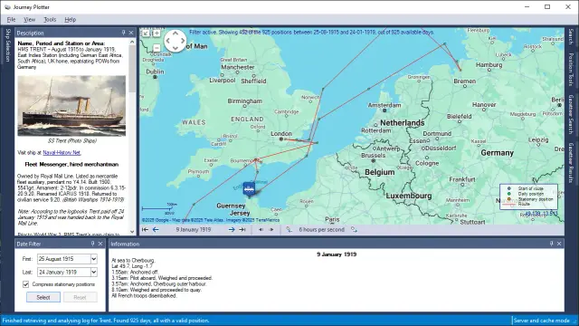 Screenshot of Journey Plotter, showing part of the journey of HMS Trent and the events recorded in the log-book for 9 January 1919