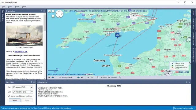 Screenshot of Journey Plotter, showing part of the journey of HMS Trent and the events recorded in the log-book for 10 January 1919