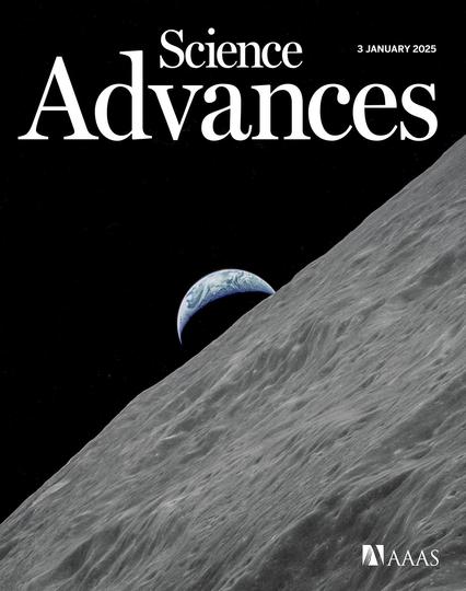 A cover of the Science Advances journal, dated 3 January 2025, featuring a photography of crescent Earth rising above the lunar horizon, taken from the Apollo 17 spacecraft in lunar orbit during the final lunar landing mission in the Apollo program. 
Credit: NASA/JSC