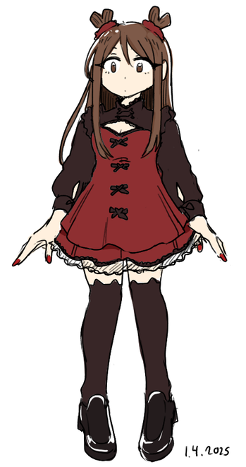 brown hair medium length girl with space heart hair buns wearing wine red dress with black sleeves, cat thigh highs and shoes