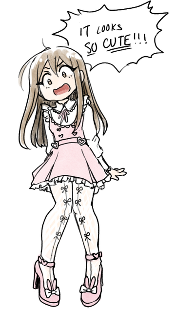 brown hair medium length girl wearing pink dress with pink bunny heals, ribboned tights saying "It looks SO CUTE!"