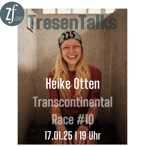 Porträt von Heike mit Start-Cap, beschriftet mit Tresen-Talk, Heike Otten, Transcontinental Race No. 10, 17.01.25, 19:00 Uhr