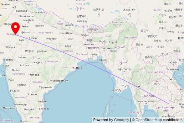 A map showing the great circle route from Preah Vihear in Cambodia to a map pin at Dargah-e-Khawaja Garib Nawaz Hazrat Moinuddin Chishti (RAH) - Ajmer Sharif, Ajmer, Rajasthan, NH58, Ajmer - 305001, Rajasthan, India