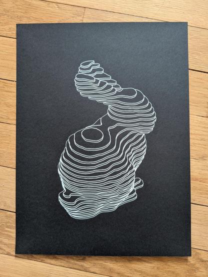 Stanford Bunny 3D model sliced into cross sections and arranged back into an isometric view. Pen plotted with white ink on black paper.
