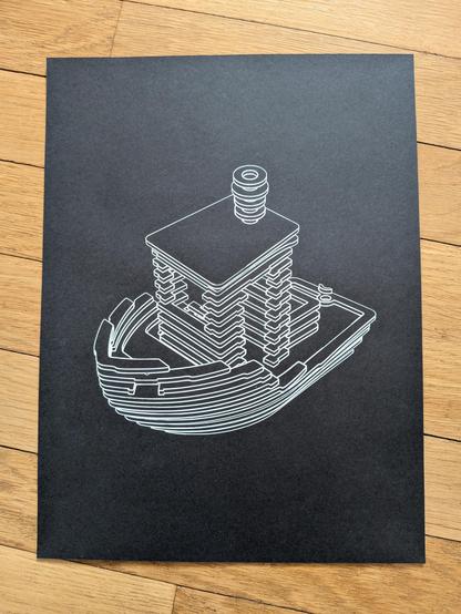 3D model of a boat (AKA benchy) sliced into cross sections and arranged back into an isometric view. Pen plotted with white ink on black paper.