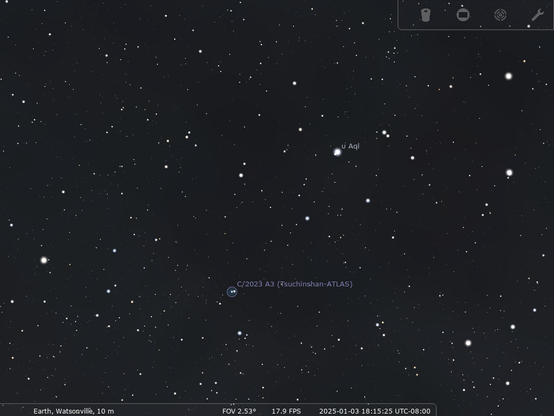 Approximately the same view in the Stellarium planetarium software, showing where the comet would be