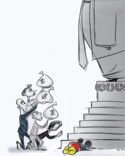 politischen Cartoon, der unter anderem Meta-Chef Mark Zuckerberg und Amazon-Gründer und Washington-Post-Eigentümer Jeff Bezos mit prall gefüllten Geldsäcken kniend am Fuße einer Statue des künftigen US-Präsidenten Donald Trump zeigt