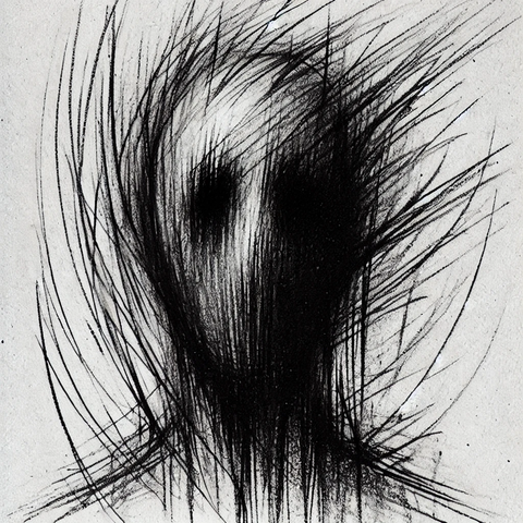 A haunting charcoal sketch of a shadowy figure with hollow, dark eyes and blurred, jagged lines surrounding its face and body, creating an unsettling and chaotic atmosphere.