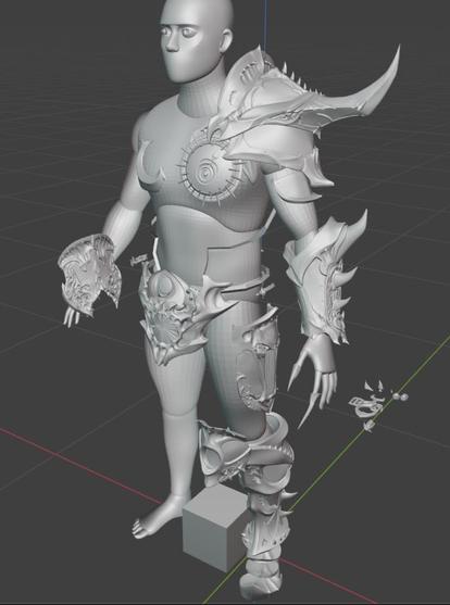 Screenshot of a 3d model in the software blender, the model being an intrincate armor based off a hedonite of slaanesh from warhammer age of sigmar 