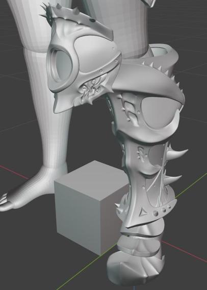 Screenshot of a 3d model in the software blender, the model being an intrincate armor based off a hedonite of slaanesh from warhammer age of sigmar , showing off detail on the greaves 