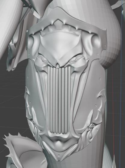 Screenshot of a 3d model in the software blender, the model being an intrincate armor based off a hedonite of slaanesh from warhammer age of sigmar , on a leg side armor plate