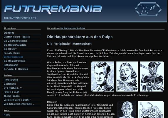 Screenshot der Website "Futuremania.de", hier die Sektion mit den Pulp-Charakteren. Zu sehen ist wie gewohnt oben der Futuremania-Schriftzug im Header, links das Menü und rechts der eigentliche Text mit Bildern aus den Pulps der 1940er Jahre...
