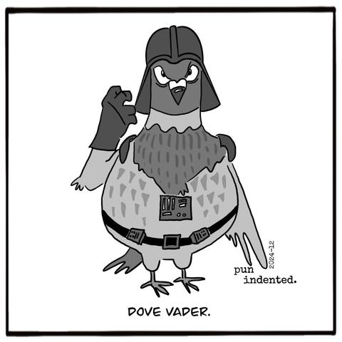 A cartoon. A dove resembling Darth Vader makes a threatening gesture. Caption: Dove Vader.