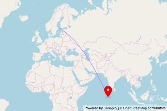 A map showing the great circle route from Hammarland in Finland to a map pin at Masjid-Al-Aaisha, Bondikendhulhu, Fuvahmulah 18014, Maldives