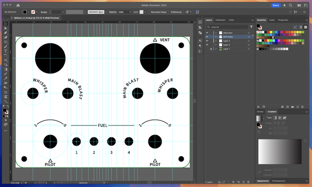 Adobe Illustrator screenshot of a faceplate layout. Black circles where the holes for switches will go with black labels indicating fuel and burner switches. 