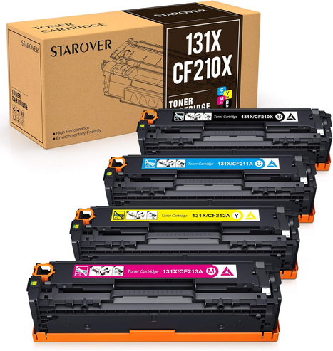 Produktfoto von 4 CMYK-Tonern für einen Laserdrucker.
Im Hintergrund die Kartonverpackung.