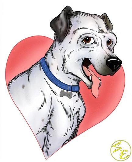 Cartoon image of a white dog with some faded-looking black spots.  He appears to be poking his head out of a heart shaped frame, his head encroaching on the upper part of the frame.  He has brown eyes, he is smiling, and his tongue hangs out.