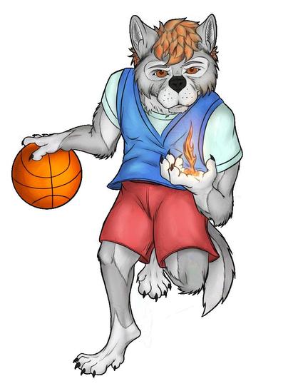 A young anthropomorphic wolf in a blue tank top over a pale blue tee shirt and red shorts.  He dribbles a basketball beside him in his right hand and appears to be summoning or generating fire in his left.  It looks as though he is heading toward the viewer.  Eye contact is made.