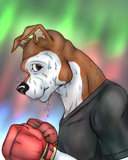 A boxer (the dog breed) in profile, sweating profusely, wearing red boxing gloves and a black tee shirt.  He seems uncertain of himself.  An aurora fills the background.