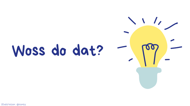Dieses Bild zeigt die Frage „Woss do dat?“ in blauer Schrift und daneben eine leuchtende gelbe Glühbirne, die eine Idee oder Inspiration symbolisiert.