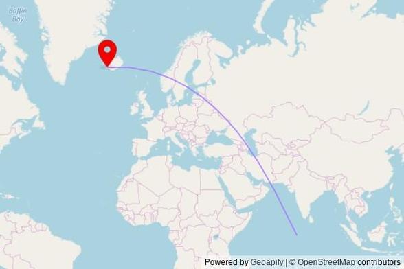 A map showing the great circle route from Fuvahmulah in the Maldives to a map pin at Kópavogskirkja, Hamraborg 2, 200 Kópavogur, Iceland