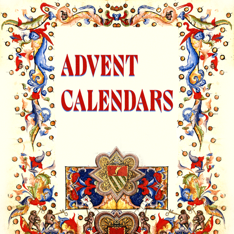 Red text "Advent Calendars" surrounded by vignette with small balls, people, blue dragons, flowers, branches and leaves