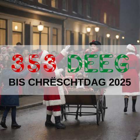 Image created using AI technology provided by Fooocus v2.5.5 (https://github.com/lllyasviel/Fooocus).
Front text: "353 Deeg bis Chrëschtdag 2025"