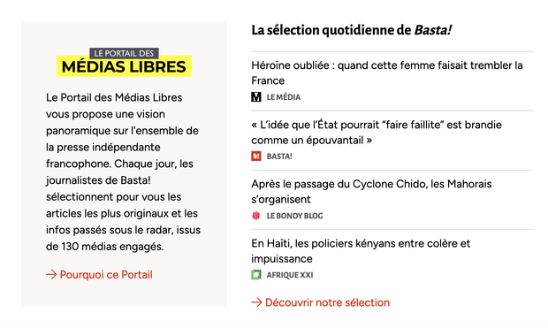 La sélection quotidienne d'articles issus de médias indépendants réalisée par l'équipe de Basta! sur le Portail des médias libres