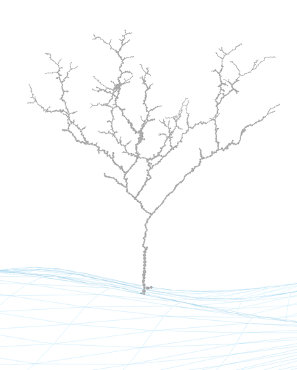 A grey tree structure made of spheres over a plane
