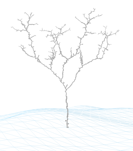 A grey tree structure made of spheres over a wavy plane