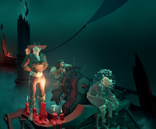 Three pirates flanking a creepy ghost as he mans the helm of large ship. Red candles burn across the railing and ominous green fog lurks in the background.