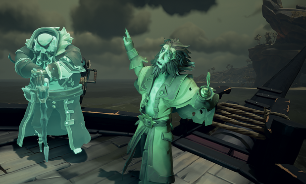 Two ghastly green ghost pirates standing on the deck of a ship. One has both hands on a staff with his head lowered while the other gesticulates wildly. The ship's bowsprit looms behind the two, and a rocky island lurks in the background beneath a cloudy grey sky.