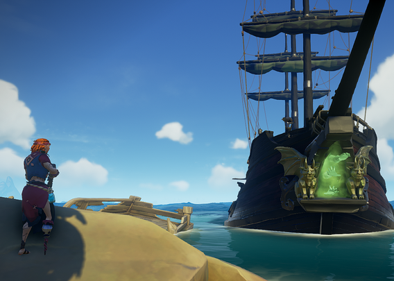 A pirate with red and wearing blue and magenta clothing holding a rifle as she looks at an anchored ship. The ship is painted in black and green, and in the place of figurehead is an open demonic portal flanked by gargoyles and cored with spectral hands reaching for lost souls.