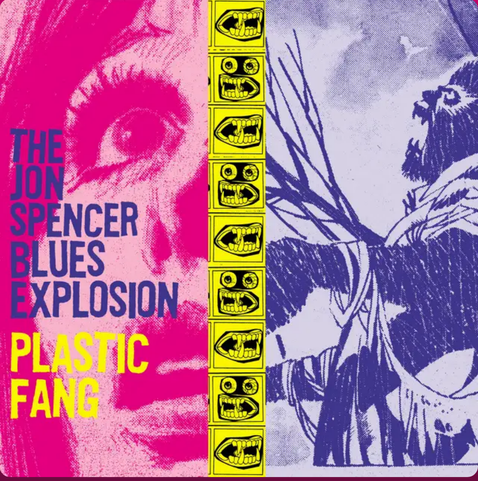 Das Bild zeigt das Albumcover von "Plastic Fang" der Band The Jon Spencer Blues Explosion. 

Linke Seite:
- Ein stilisiertes, rosa-gefärbtes Gesicht einer Frau mit weit geöffneten Augen.
- Der Schriftzug "THE JON SPENCER BLUES EXPLOSION PLASTIC FANG" in blauer Schrift.

Mittlere Spalte:
- Eine Reihe von gelben Rechtecken, jedes mit einer Zeichnung eines geöffneten Mundes mit langen Eckzähnen, die an Vampire erinnern.

Rechte Seite:
- Eine blaue, comicartige Darstellung eines schreienden oder brüllenden Werwolf, mit ausgestreckten Armen und einem bedrohlichen Ausdruck.

Das Cover hat eine starke grafische Wirkung mit kontrastreichen Farben und Bildern, die ein Gefühl von Spannung und Dramatik erzeugen.