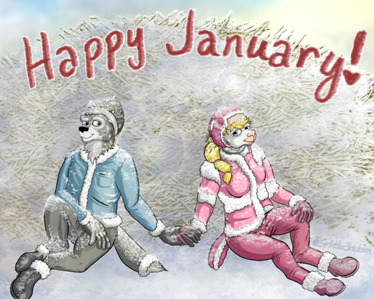 An anthropomorphic wolf wearing a teal jacket, black gloves, black boots, a gray wool beanie and dark grey snow pants with fleecy trimming sits at the foot of a large haystack holding hands with an anthropomorphic blond ewe wearing a pink jacket, purple snowpants, purple gloves, and a purple aviator's hat with fleecy trimming and accents. Snow has fallen, mostly on the haystack and a little bit on the couple, but the sun looks like a mostly clear late-morning winter sky.  Written in maroon with a fleecy looking brushstroke above them is the phrase, "Happy January!"