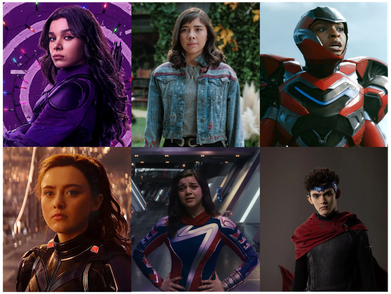 Image of Hailee Steinfeld from 'Hawkeye', Xochitl Gomez from 'Doctor Strange in the Multiverse of Madness', Dominique Thorne from 'Black Panther: Wakanda Forever', Kathryn Newton from 'Ant-Man and the Wasp: Quantumania', Iman Vellani from 'The Marvels', and Joe Locke from 'Agatha All Along'.